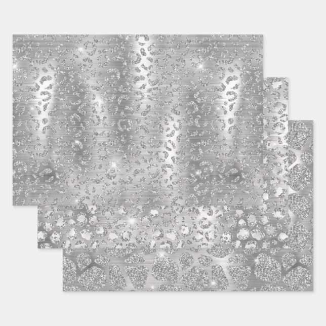 Silver Glitter Giraffe & Leopard Spots Patterns Wrapping Paper Sheets (Set)