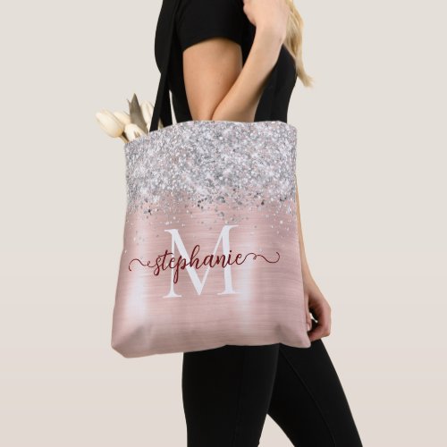 Silver Glitter Girly Glam Blush Pink Personalized Tote Bag