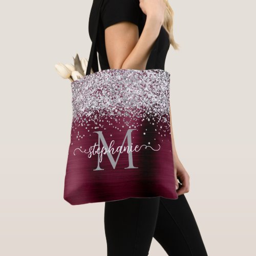 Silver Glitter Girly Glam Burgundy Personalized Tote Bag