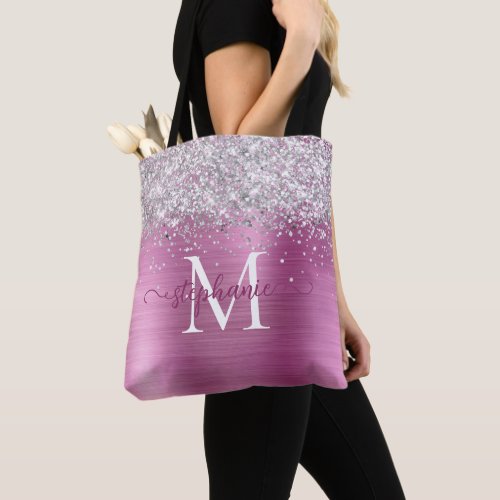 Silver Glitter Girly Glam Pink Personalized Tote Bag