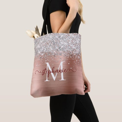 Silver Glitter Girly Glam Rose Gold Personalized Tote Bag