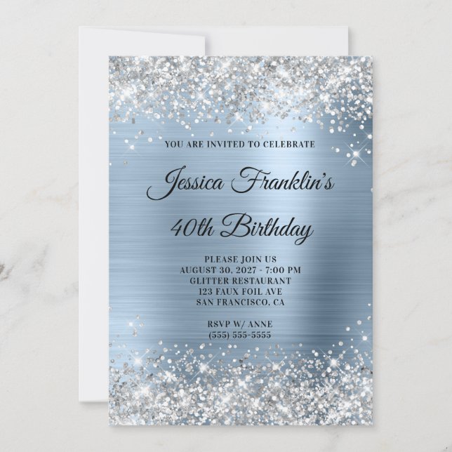 Silver Glitter Girly Pale Blue Foil 40th Birthday Invitation (Front)