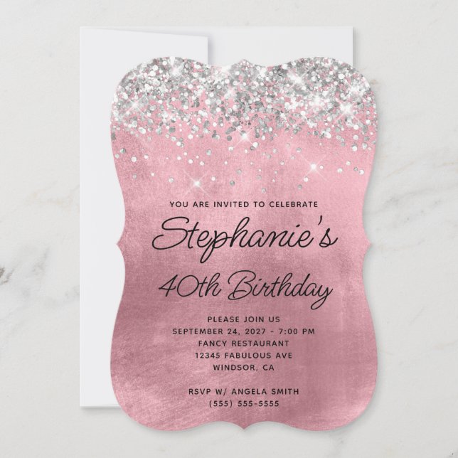 Silver Glitter Girly Pink Monogram 40th Birthday Invitation (Front)