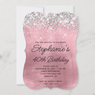 Silver Glitter Girly Pink Monogram 40th Birthday Invitation