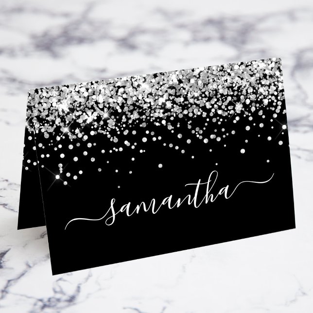 Silver Glitter Girly Signature Black Place Cards (Silver Glitter Girly Signature Black Place Cards)