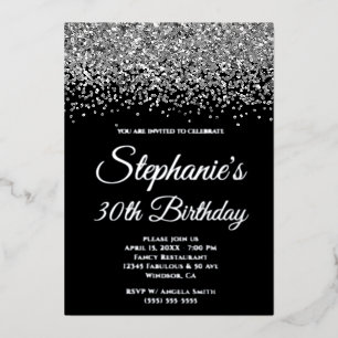 Silver Glitter Glam Black 30th Birthday Foil Invitation