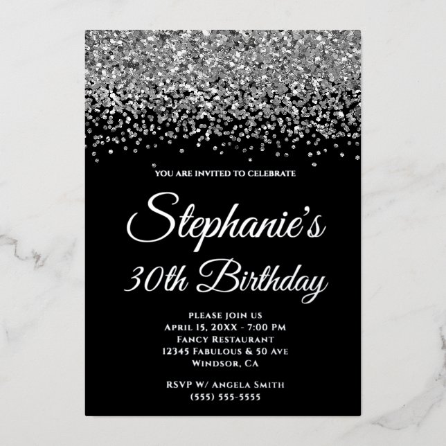 Silver Glitter Glam Black 30th Birthday Foil Invitation (Front)