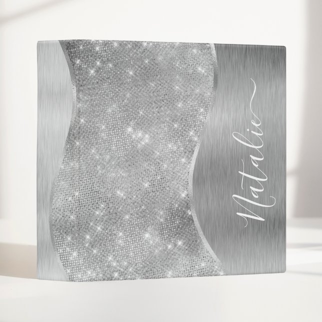 Silver Glitter Glam Bling Personalized Metallic 3 Ring Binder (Creator Uploaded)