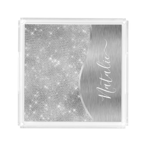Silver Glitter Glam Bling Personalized Metallic Acrylic Tray