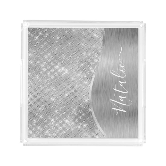 Silver Glitter Glam Bling Personalized Metallic Acrylic Tray (Front)