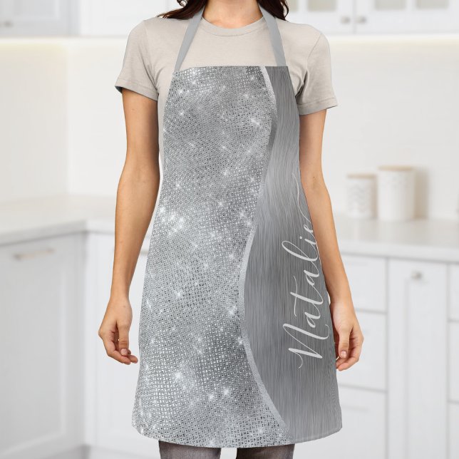 Silver Glitter Glam Bling Personalized Metallic Apron (Creator Uploaded)