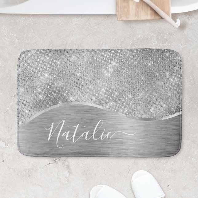 Silver Glitter Glam Bling Personalized Metallic Bath Mat (Creator Uploaded)