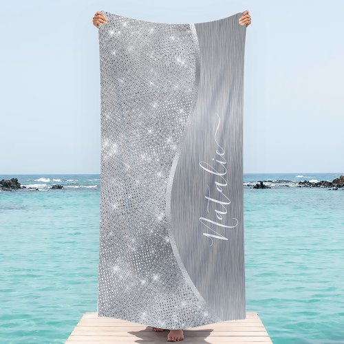 Silver Glitter Glam Bling Personalized Metallic Beach Towel