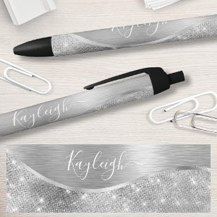 Silver Glitter Glam Bling Personalized Metallic Black Ink Pen