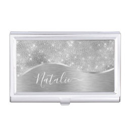 Silver Glitter Glam Bling Personalized Metallic Business Card Case