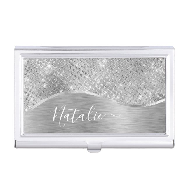Silver Glitter Glam Bling Personalized Metallic Business Card Case (Front)