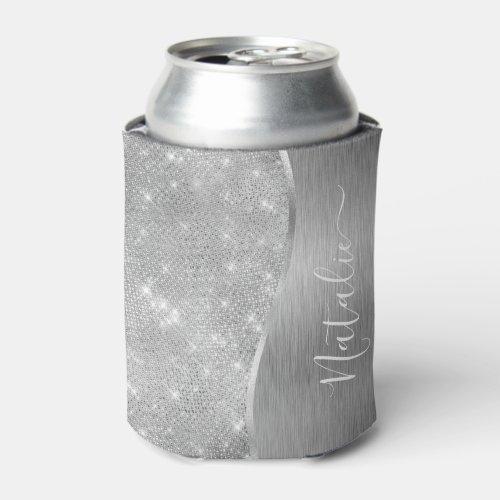 Silver Glitter Glam Bling Personalized Metallic Can Cooler
