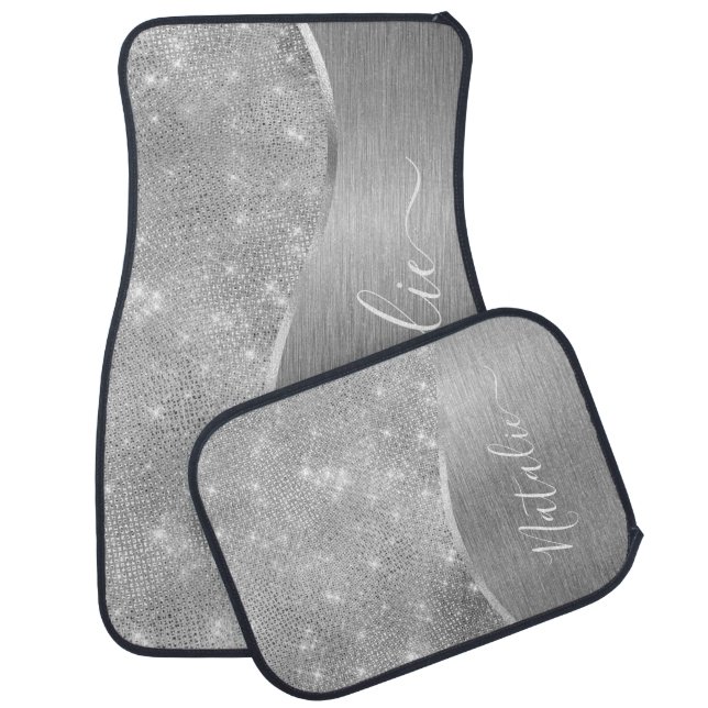 Silver Glitter Glam Bling Personalized Metallic Car Floor Mat (Set)