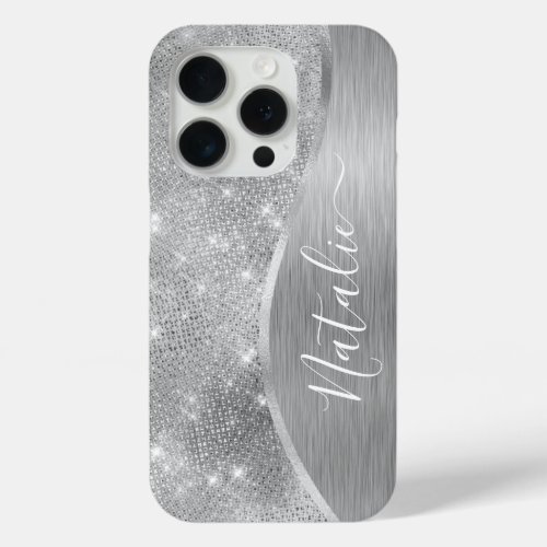 Silver Glitter Glam Bling Personalized Metallic iPhone 15 Pro Case
