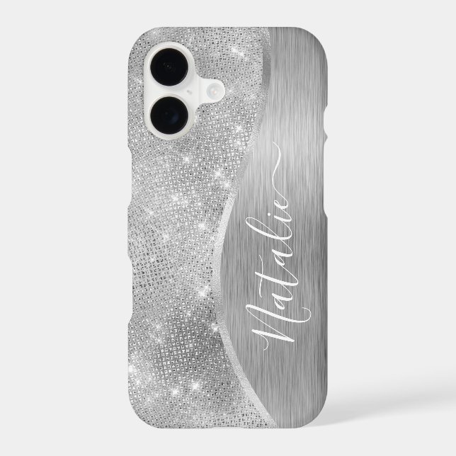 Silver Glitter Glam Bling Personalized Metallic Case-Mate iPhone Case (Back)
