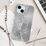 Silver Glitter Glam Bling Personalized Metallic iPhone 15 Case<br><div class="desc">Easily personalize this silver brushed metal and glamorous faux glitter patterned phone case with your own custom name.</div>