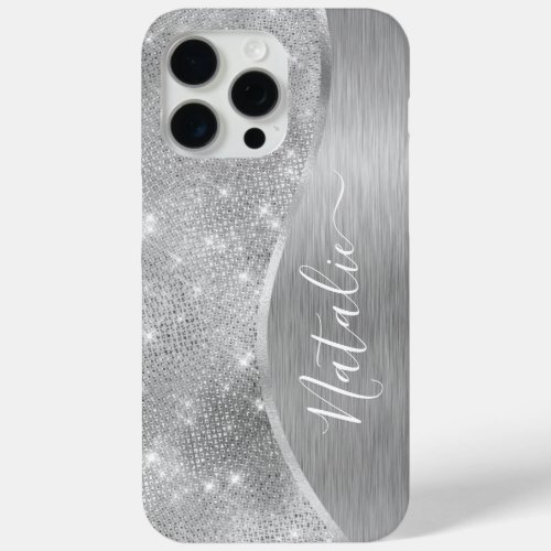 Silver Glitter Glam Bling Personalized Metallic iPhone 15 Pro Max Case
