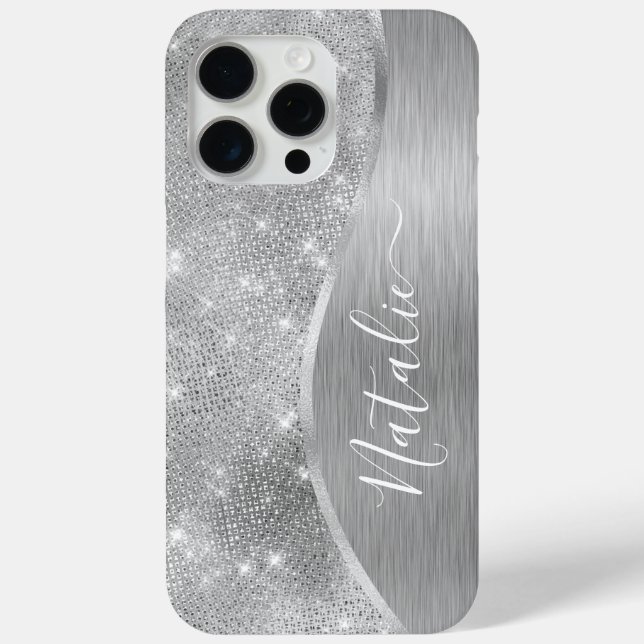Silver Glitter Glam Bling Personalized Metallic Case-Mate iPhone Case (Back)