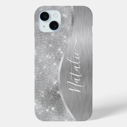 Silver Glitter Glam Bling Personalized Metallic iPhone 15 Plus Case