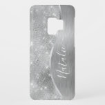 Silver Glitter Glam Bling Personalized Metallic Case-Mate Samsung Galaxy S9 Case<br><div class="desc">Easily personalize this silver brushed metal and glamorous faux glitter patterned phone case with your own custom name.</div>
