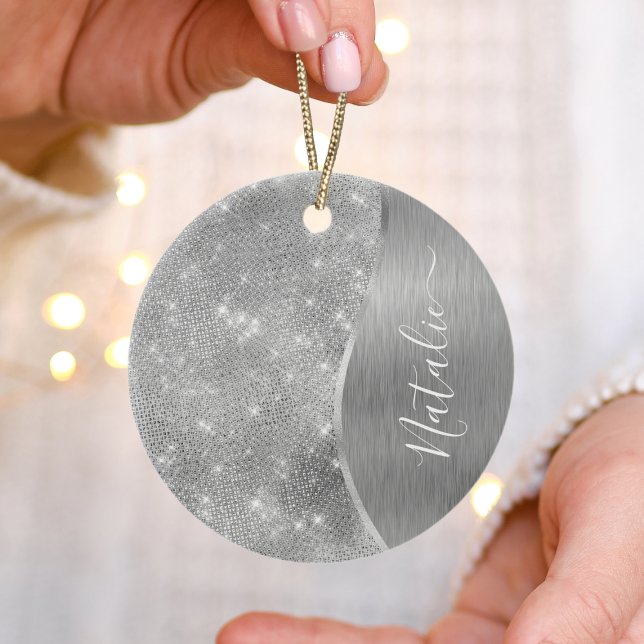 Silver Glitter Glam Bling Personalized Metallic Ceramic Ornament (Creator Uploaded)