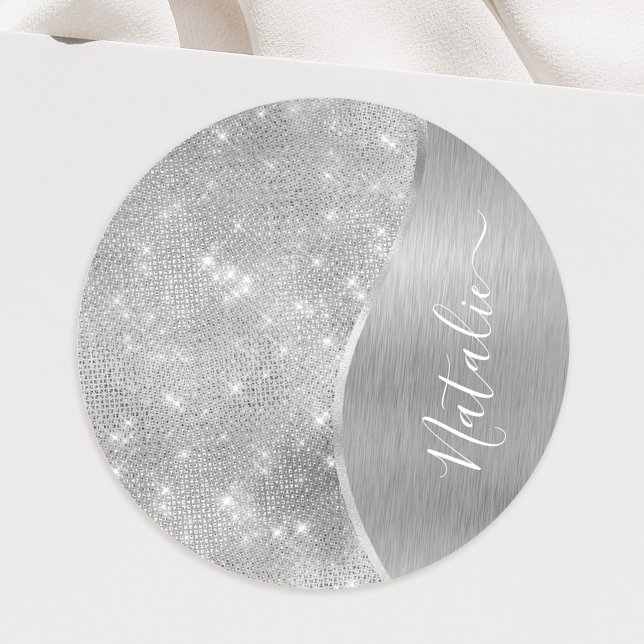 Silver Glitter Glam Bling Personalized Metallic Classic Round Sticker (Creator Uploaded)