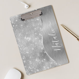 Silver Glitter Glam Bling Personalized Metallic Clipboard