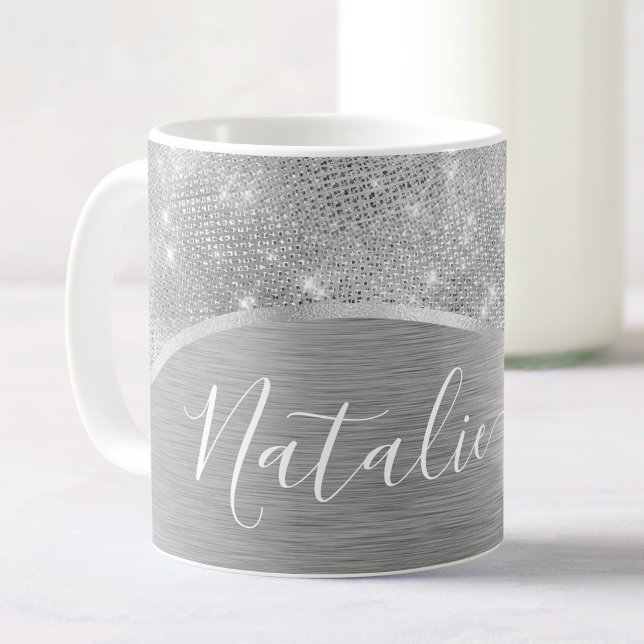Silver Glitter Glam Bling Personalized Metallic Coffee Mug (Creator Uploaded)