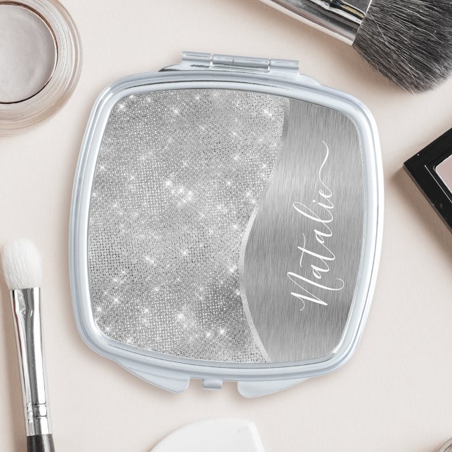 Silver Glitter Glam Bling Personalized Metallic Compact Mirror (Creator Uploaded)