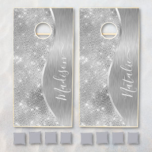 Silver Glitter Glam Bling Personalized Metallic Cornhole Set