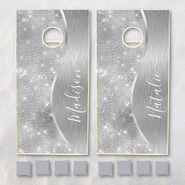 Silver Glitter Glam Bling Personalized Metallic Cornhole Set (Creator Uploaded)