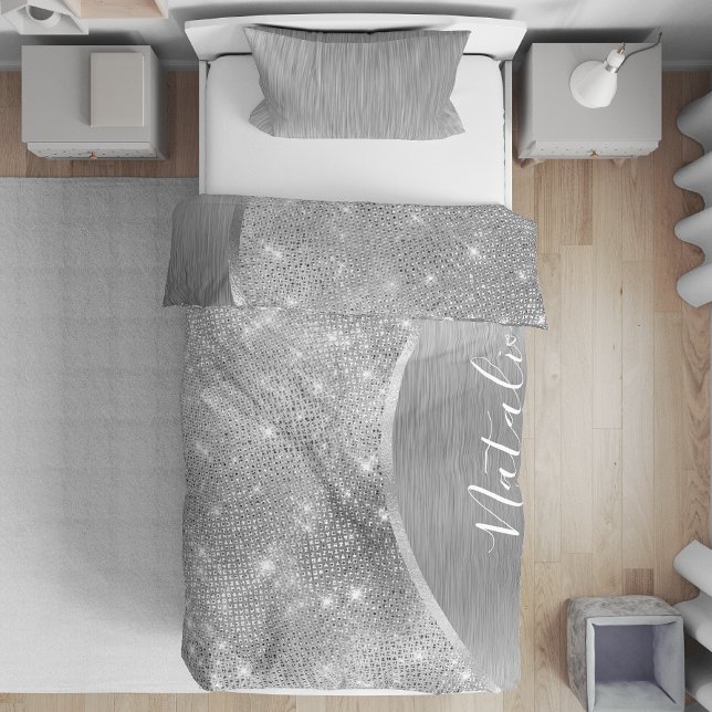 Silver Glitter Glam Bling Personalized Metallic Duvet Cover (Creator Uploaded)