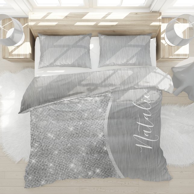 Silver Glitter Glam Bling Personalized Metallic Duvet Cover (Creator Uploaded)