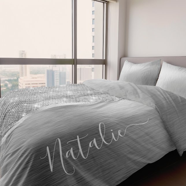 Silver Glitter Glam Bling Personalized Metallic Duvet Cover (Creator Uploaded)