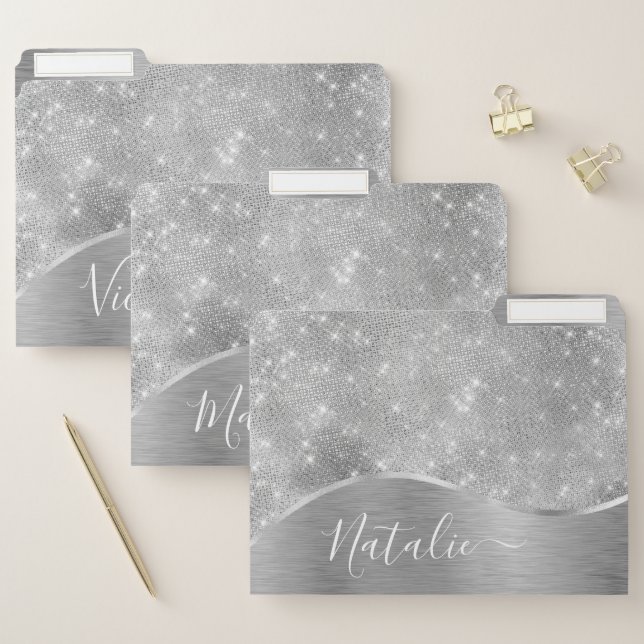 Silver Glitter Glam Bling Personalized Metallic File Folder (Set)