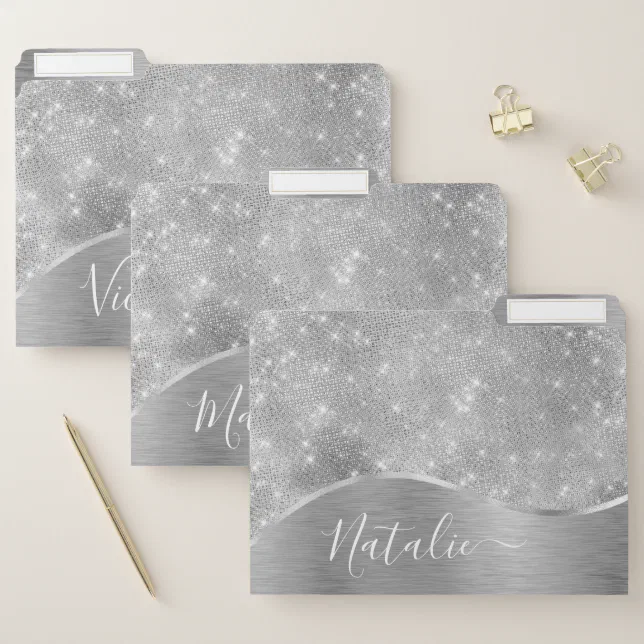 Silver Glitter Glam Bling Personalized Metallic File Folder | Zazzle