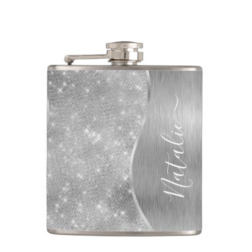 Silver Glitter Glam Bling Personalized Metallic Flask