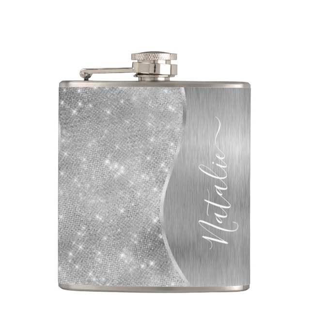 Silver Glitter Glam Bling Personalized Metallic Flask (Front)