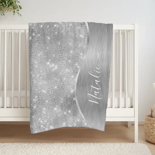 Silver Glitter Glam Bling Personalized Metallic Fleece Blanket