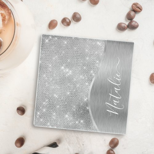 Silver Glitter Glam Bling Personalized Metallic Glass Coaster