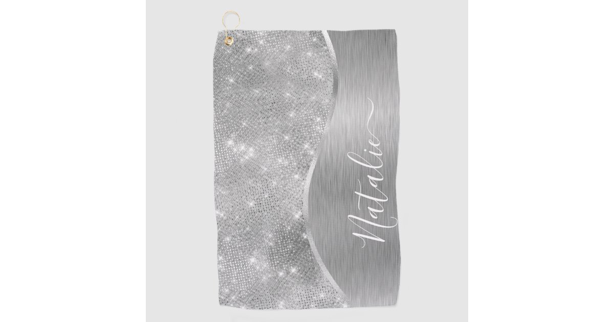 Rose Gold Glitter Diamonds on Black Monogram Golf Towel, Zazzle