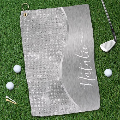 Silver Glitter Glam Bling Personalized Metallic Golf Towel