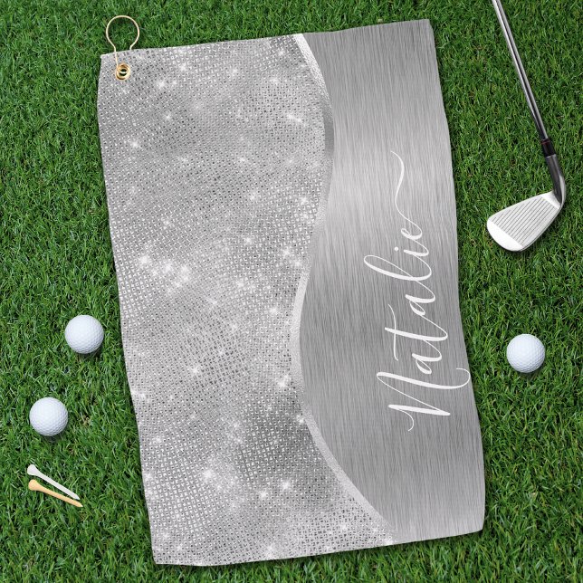 Silver Glitter Glam Bling Personalized Metallic Golf Towel (Creator Uploaded)