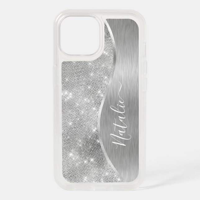 Silver Glitter Glam Bling Personalized Metallic iPhone 15 Case (Back)