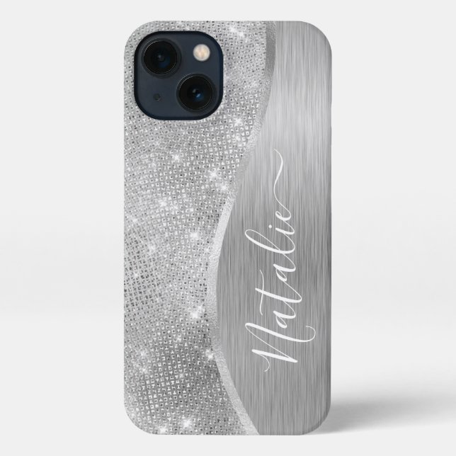 Silver Glitter Glam Bling Personalized Metallic iPhone Case (Back)